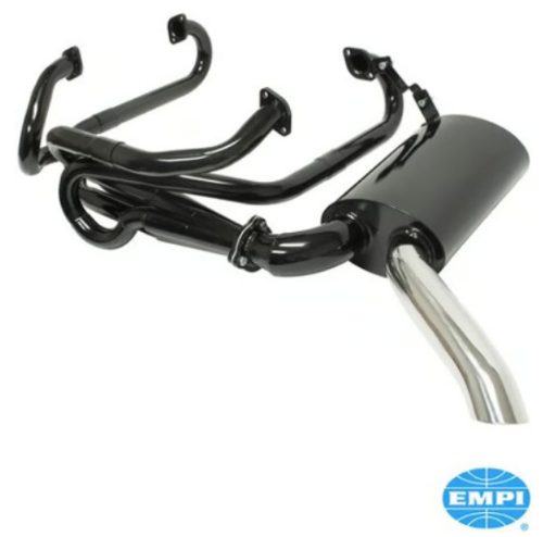 Exhaust system, Sideflow, Steel with black paint, stainless steel tailpipe