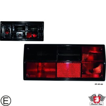   Hátsó lámpatest alaplap nélkül, bal, piros/füstös, T25 05/79-08/92, tolató és ködlámpával, Hella típusú foglalathoz, E-jeles, Classic Line