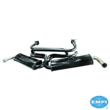   Kipufogórendszer, Dual Quiet, 1 3/8"-os csö, kis 3 csavaros peremmel, két kipufogócsövel. Fekete festékkel festett acélból készült, krómozott kipufogócsövek.