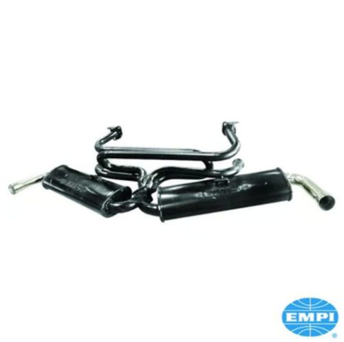 Kipufogórendszer, Dual Quiet, 1 3/8"-os csö, kis 3 csavaros peremmel, két kipufogócsövel. Fekete festékkel festett acélból készült, krómozott kipufogócsövek.