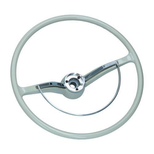 Kormány (eredeti stílus) komplett, króm kürtgombbal, ezüst/szürke, Bogár/KG/Typ3 08/61-07/71, EMPI