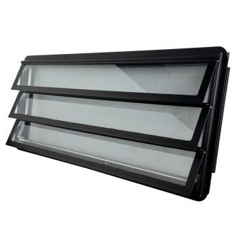   Westfalia lamellás középsö oldalablak/tolóajtó ablak, fekete, tekerö gomb a bal oldalon, T25/T3 05/79-07/92